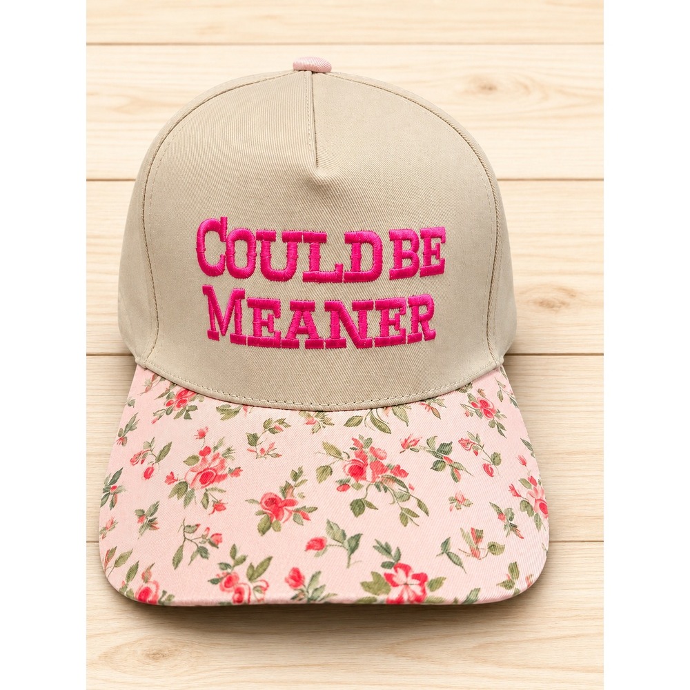 Zenana Could Be Meaner Beige Pink Floral Adjustable Baseball Cap Hat
